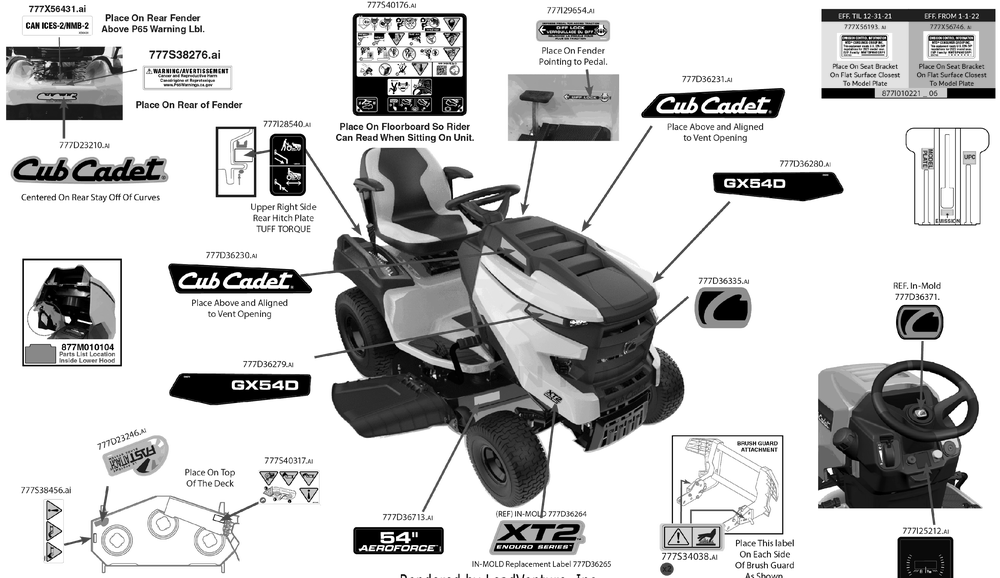 Label Map Diagram and Parts List for XT2-GX54DKH (14AQA6TMA10)(2022) Cub Cadet Lawn Tractor